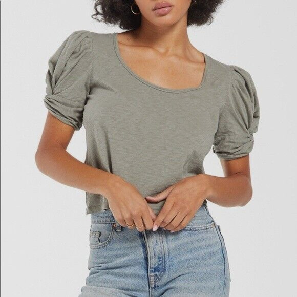 Z Supply Carrie Scoop Neck Puff Sleeve Sage Green Pullover Tee T-Shirt Sz S - Picture 1 of 8